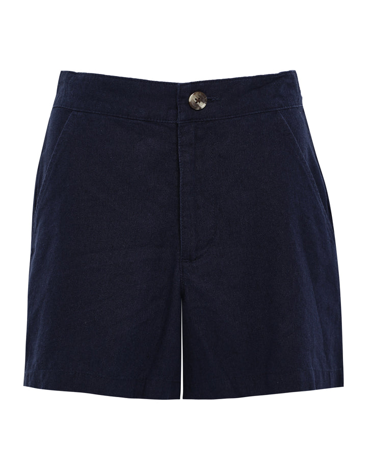 Navy Linen Blend Button Up Shorts