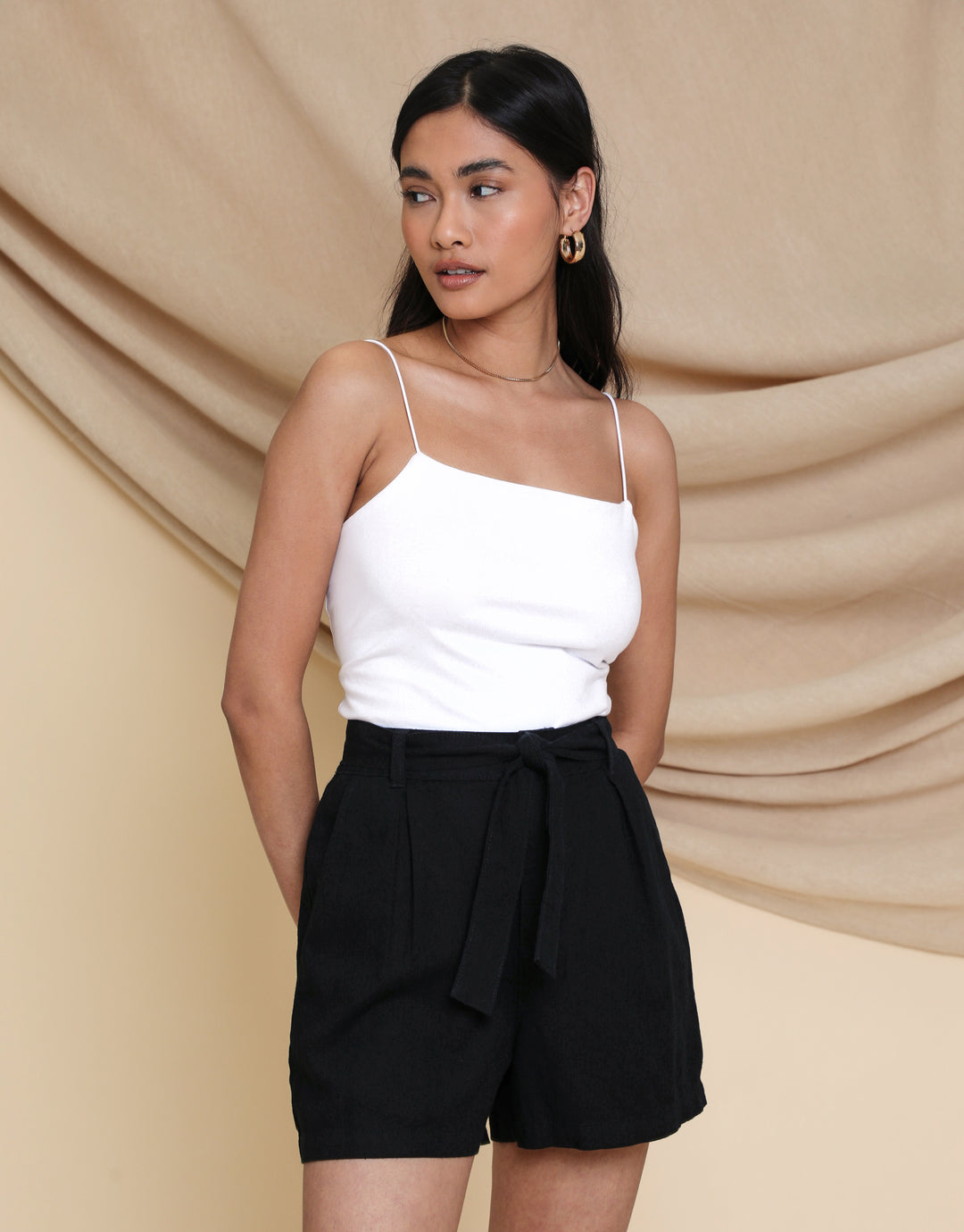 Black Tie Waist Linen Blend Shorts