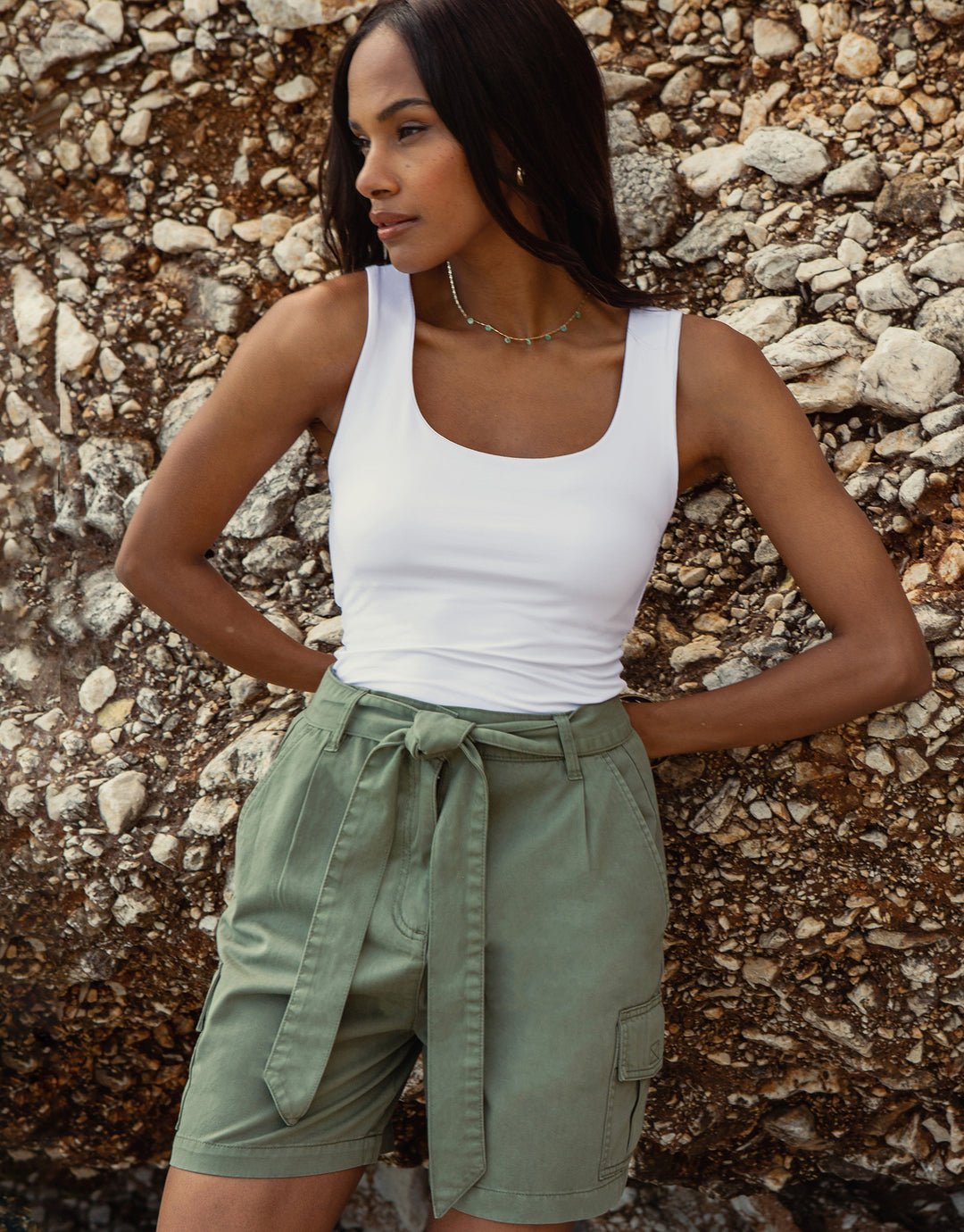 Khaki Green Belted Cargo Shorts