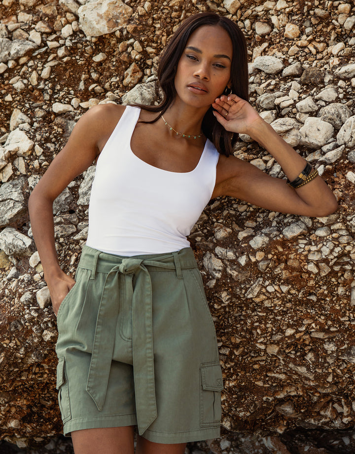 Khaki Green Belted Cargo Shorts