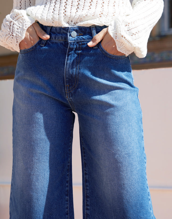Wide Leg Denim Jorts in Mid Wash