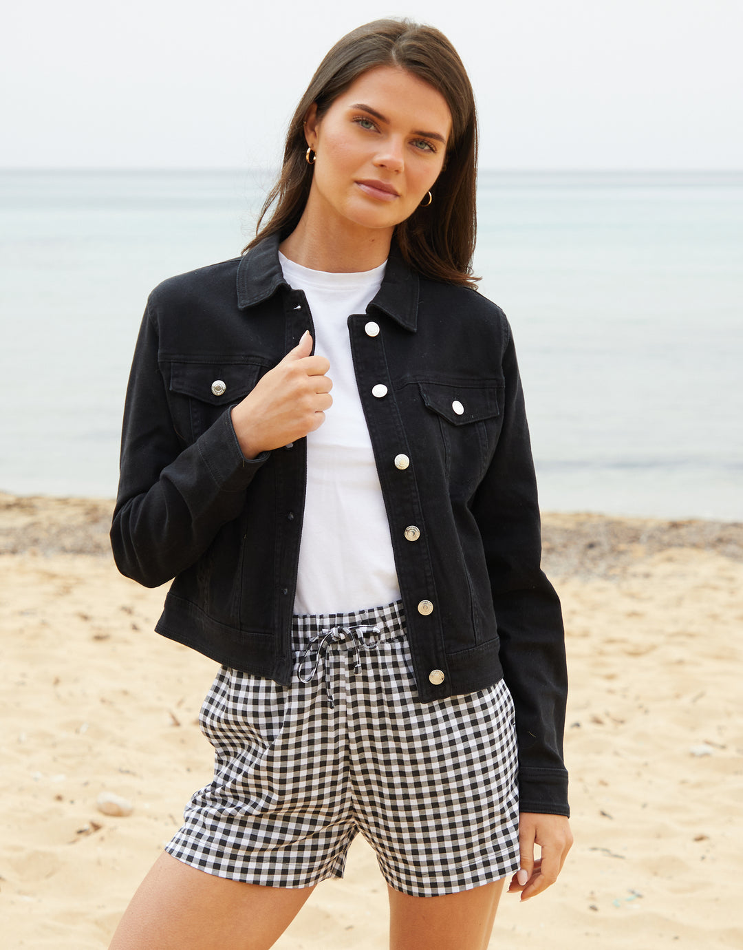 Black Gingham Print Pull On Jersey Shorts
