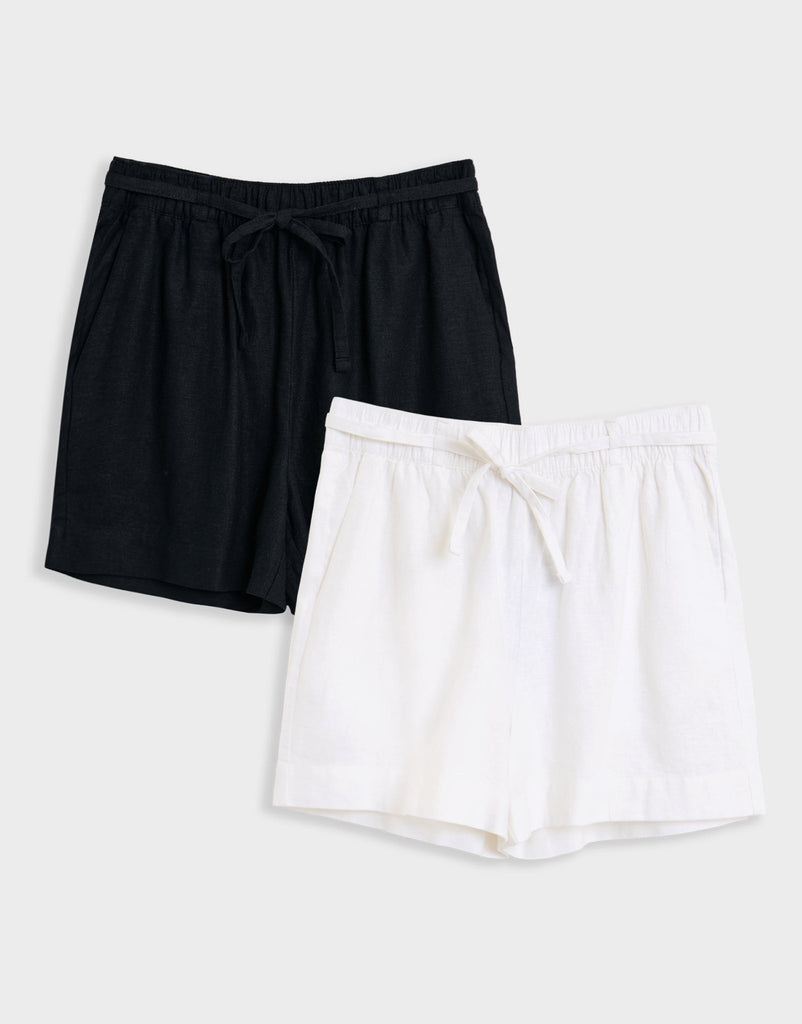 2 Pack Linen Blend Tie Waist Shorts & White