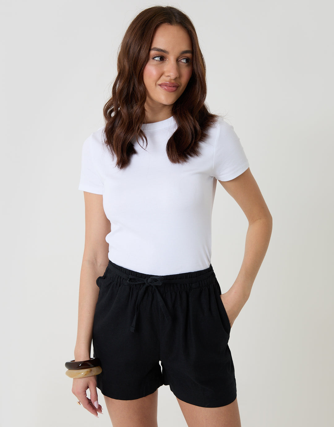 Threadbare Linen Blend Tie Waist Shorts in Black - front view