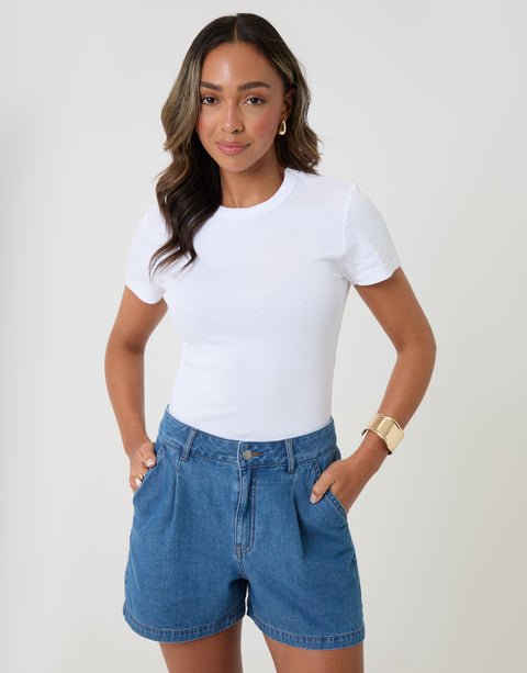 Threadbare Denim Tailored Shorts in Mid Wash - T-shirt pairing
