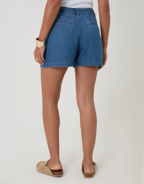 Threadbare Denim Tailored Shorts in Mid Wash - back view
