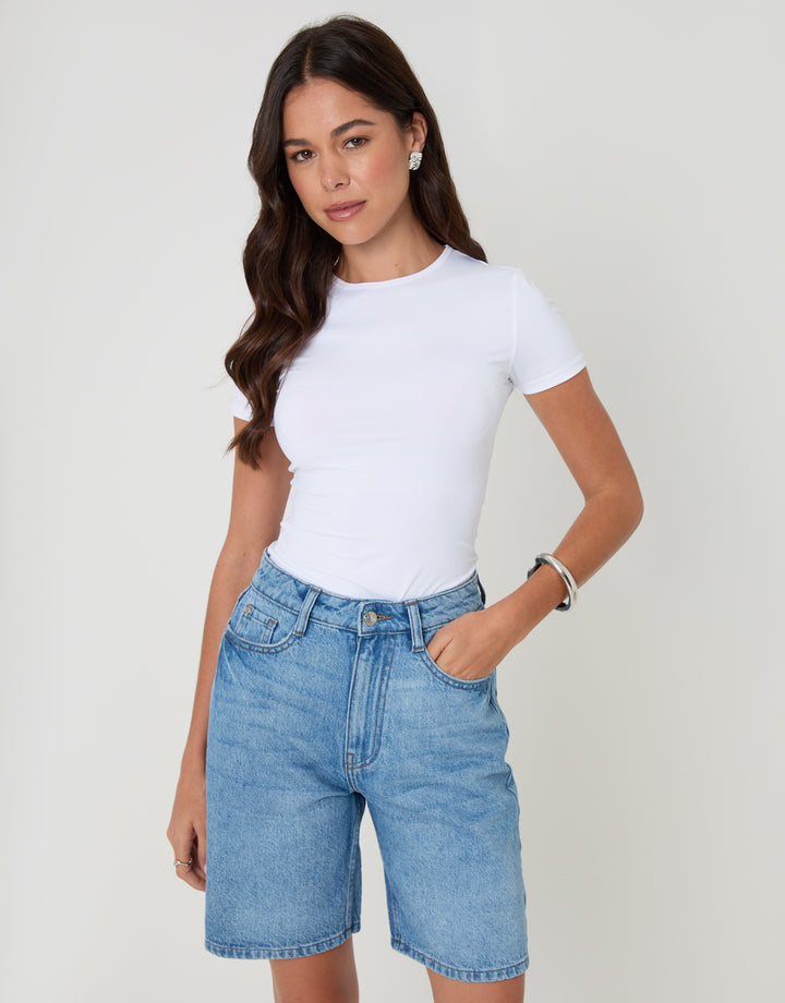 Threadbare Denim Bermuda Shorts in Mid Wash - front view