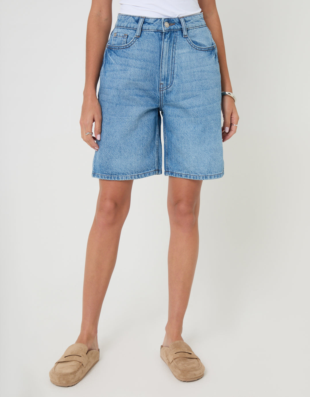 Threadbare Denim Bermuda Shorts in Mid Wash - front view
