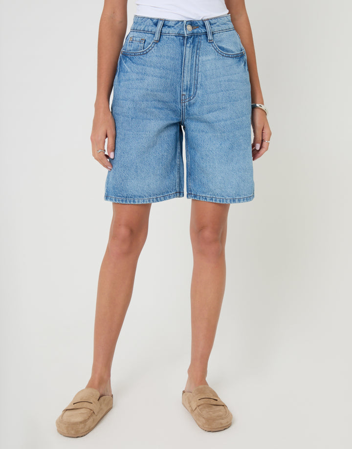 Threadbare Denim Bermuda Shorts in Mid Wash - front view