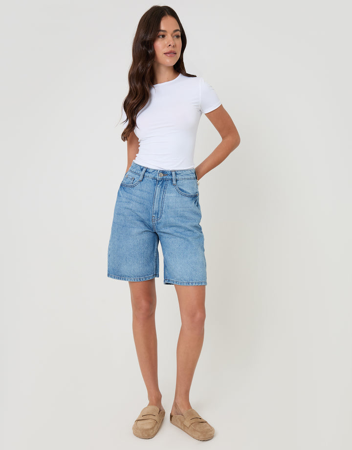 Threadbare Denim Bermuda Shorts in Mid Wash - full body