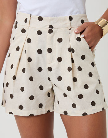 Threadbare Tailored Shorts in Chocolate Brown Polka Dot - front view