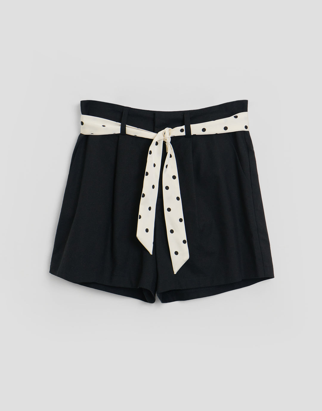 Threadbare Tailored Shorts with Polka Dot Satin Scarf Belt in Black - flat lay