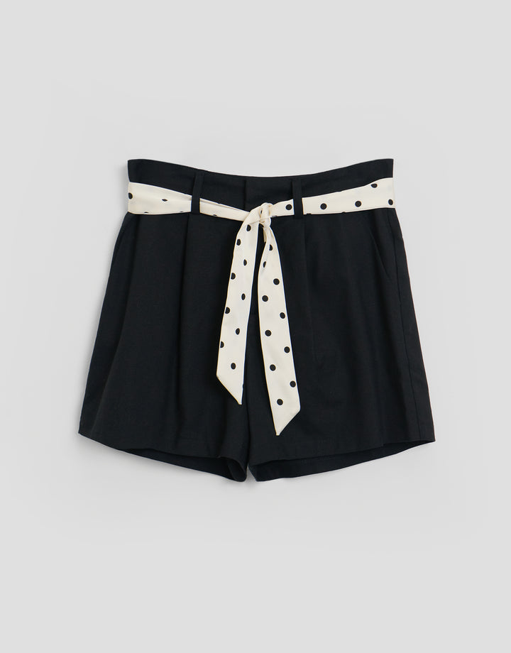 Threadbare Tailored Shorts with Polka Dot Satin Scarf Belt in Black - flat lay