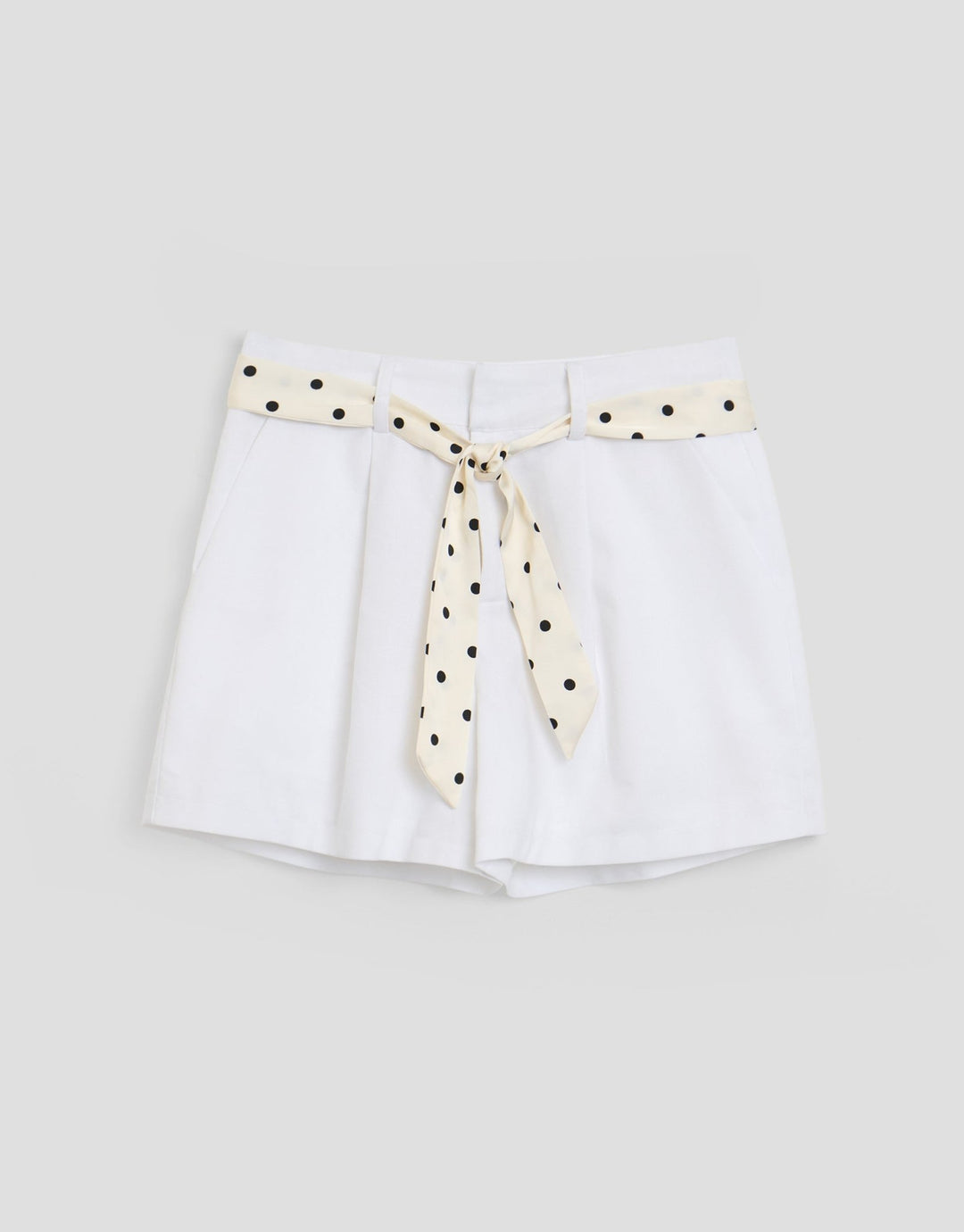 Threadbare Tailored Shorts with Polka Dot Satin Scarf Belt in White - flat lay