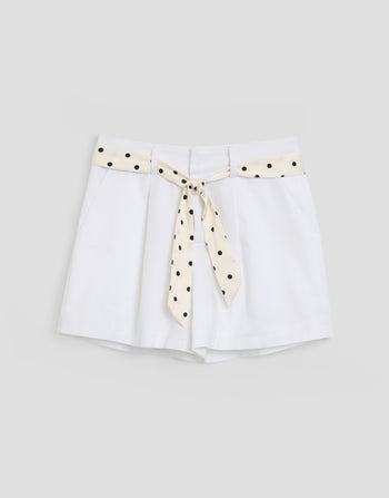 Threadbare Tailored Shorts with Polka Dot Satin Scarf Belt in White - flat lay