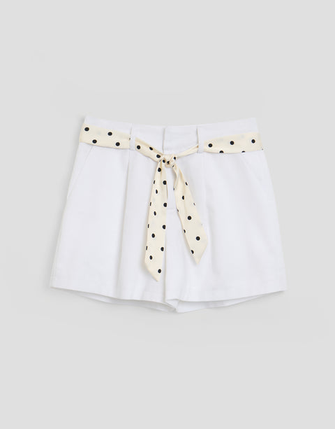 Threadbare Tailored Shorts with Polka Dot Satin Scarf Belt in White - flat lay