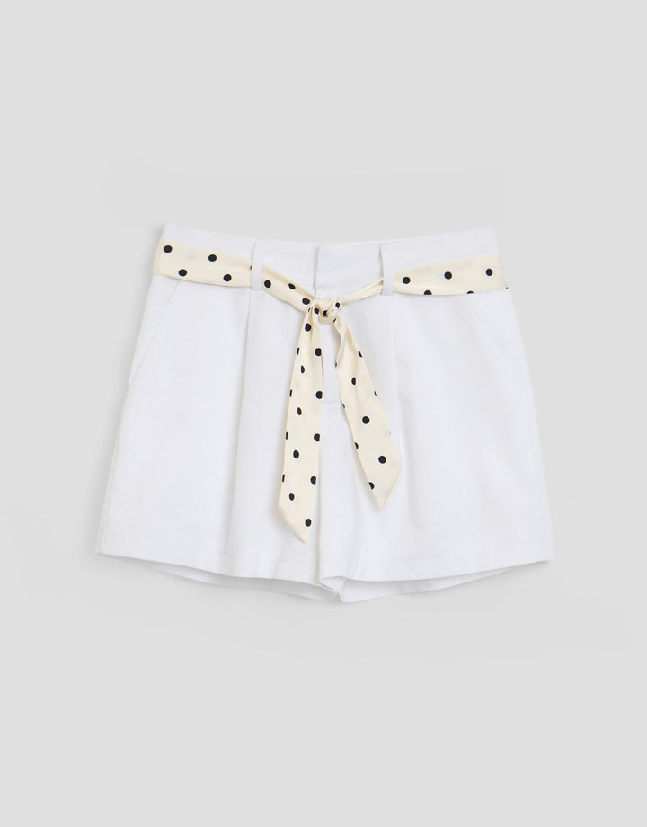 Threadbare Tailored Shorts with Polka Dot Satin Scarf Belt in White - flat lay