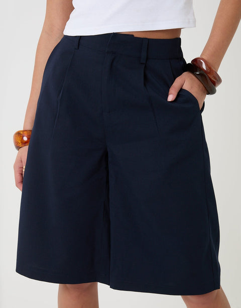 Threadbare Tailored Bermuda Shorts in Navy - close up