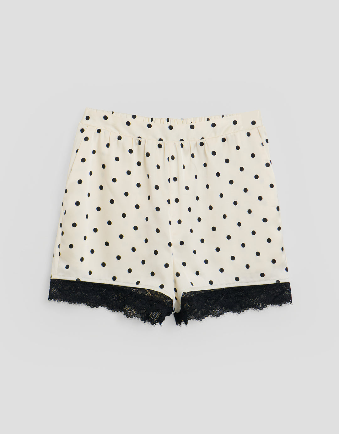 Threadbare Satin Lace Trim Co-ord Shorts in Mono Polka Dot - flat lay