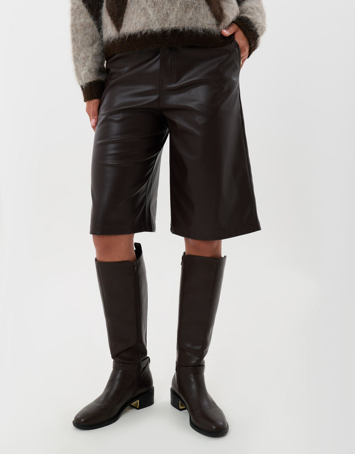 Faux Leather Pleated Shorts in Chocolate Brown