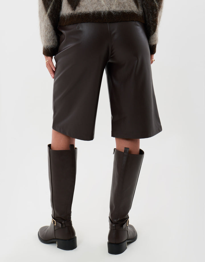 Faux Leather Pleated Shorts in Chocolate Brown