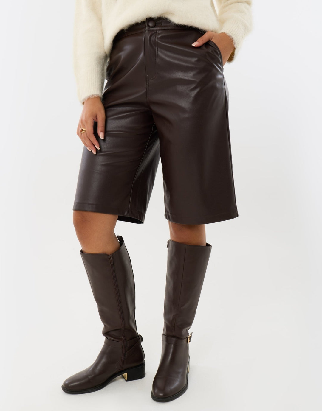 Faux Leather Pleated Shorts in Chocolate Brown