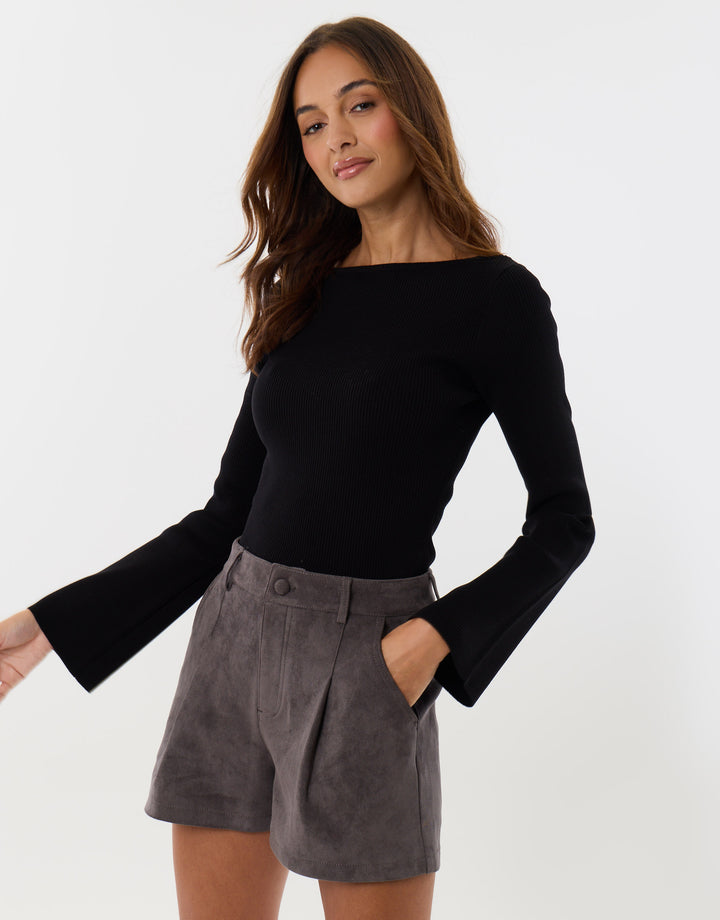 Faux Suede Tailored Shorts in Charcoal Grey