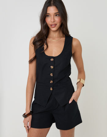 Threadbare Linen Blend Tailored Shorts in Black - co-ord pairing