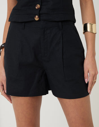 Threadbare Linen Blend Tailored Shorts in Black - front view close up