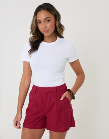 Threadbare Linen Blend Tailored Shorts in Red - front view