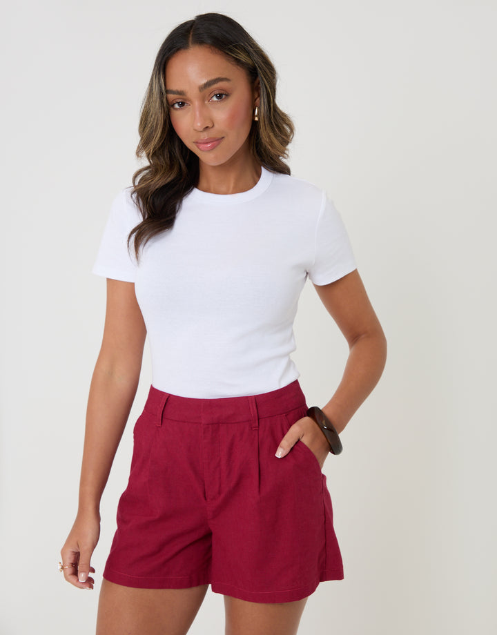 Red Linen Blend Tailored Shorts