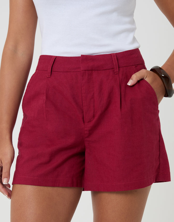 Red Linen Blend Tailored Shorts
