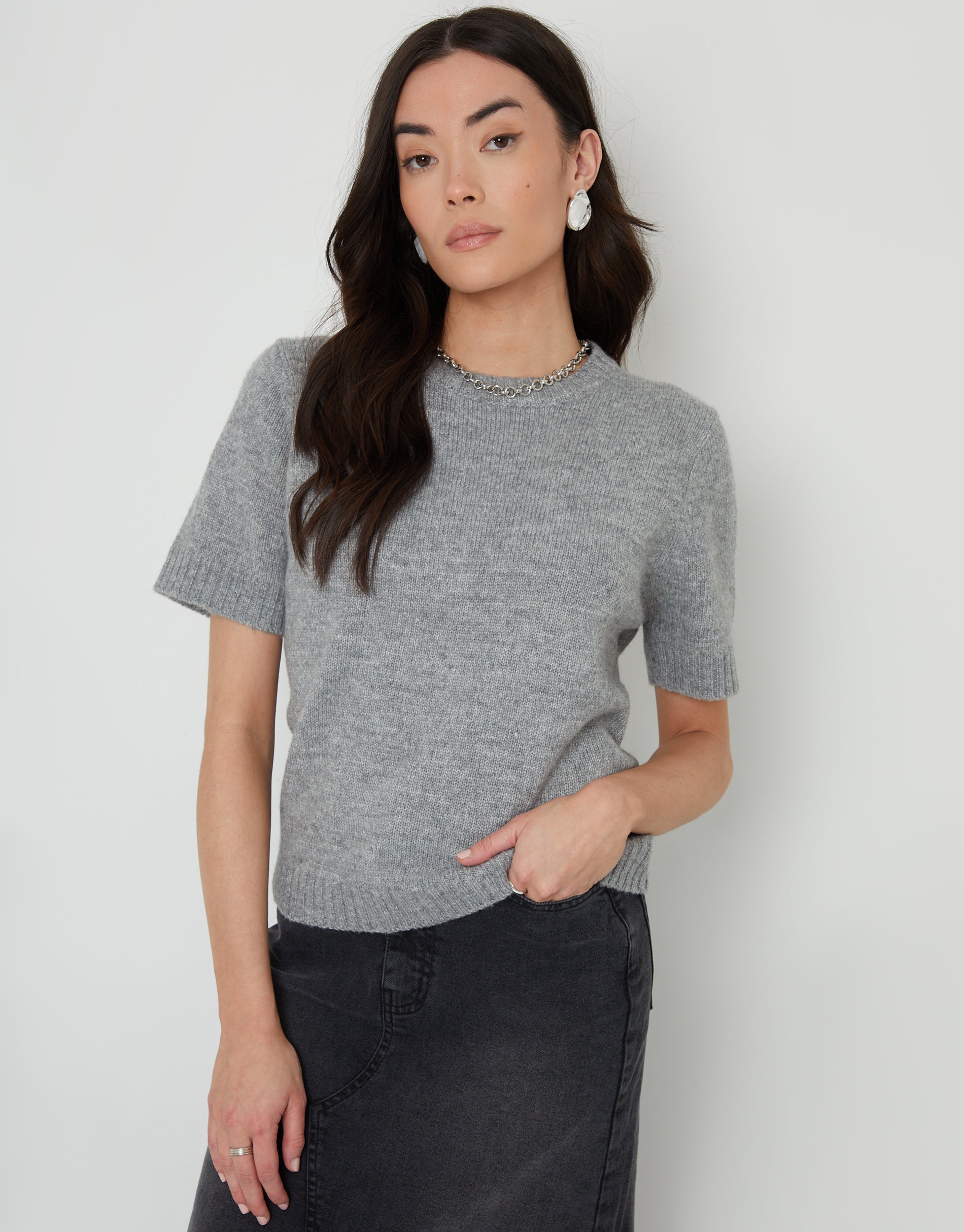 Threadbare Women's Grey Knitted Short Sleeve T-Shirt