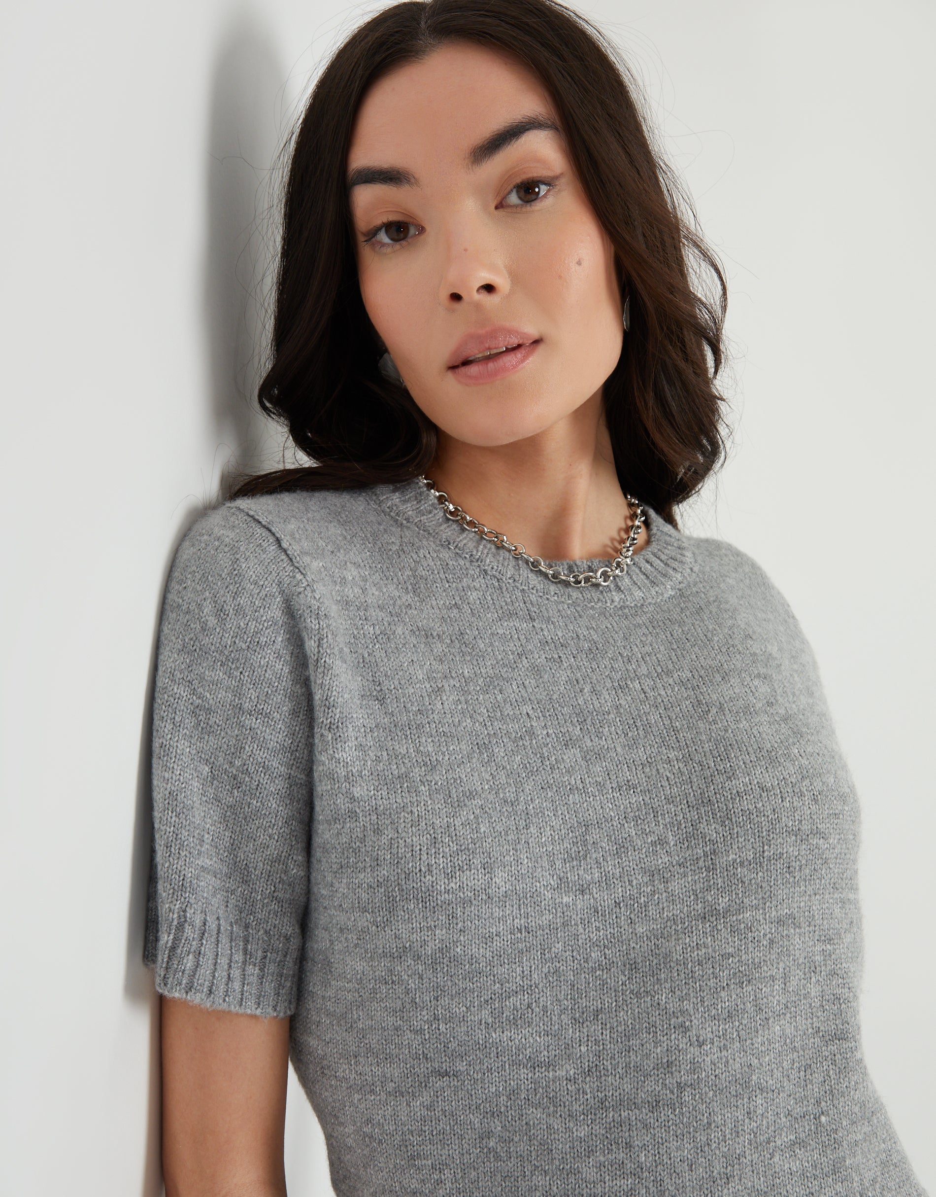 sheller half sleeve stitch knit tops グレー The Slouchy Gray Short Sleeve Sweater – Shop the Mint