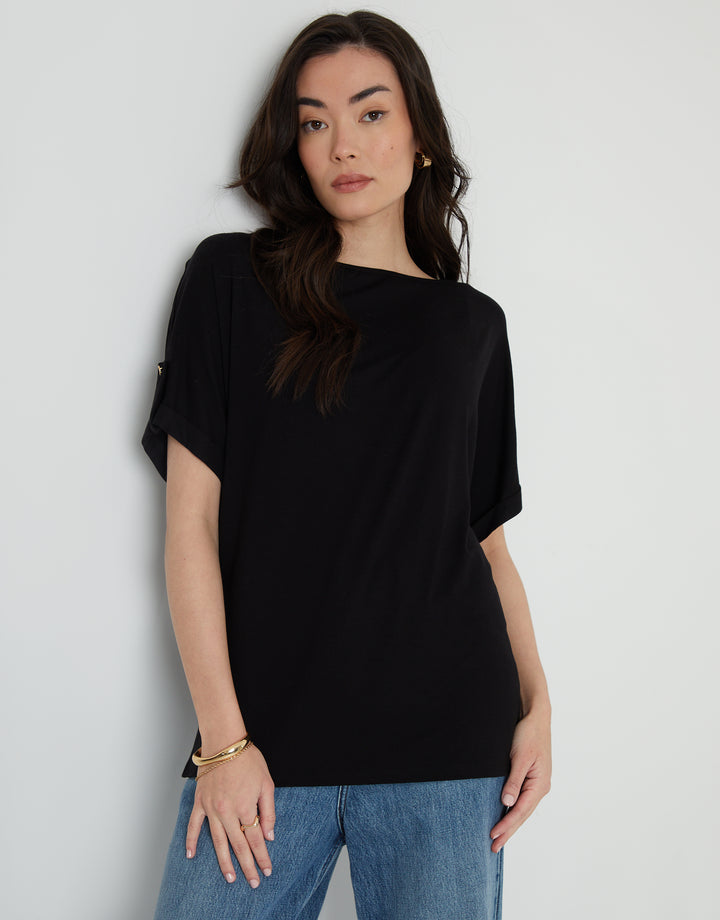 Batwing Sleeve Slash Neck Tunic in Black