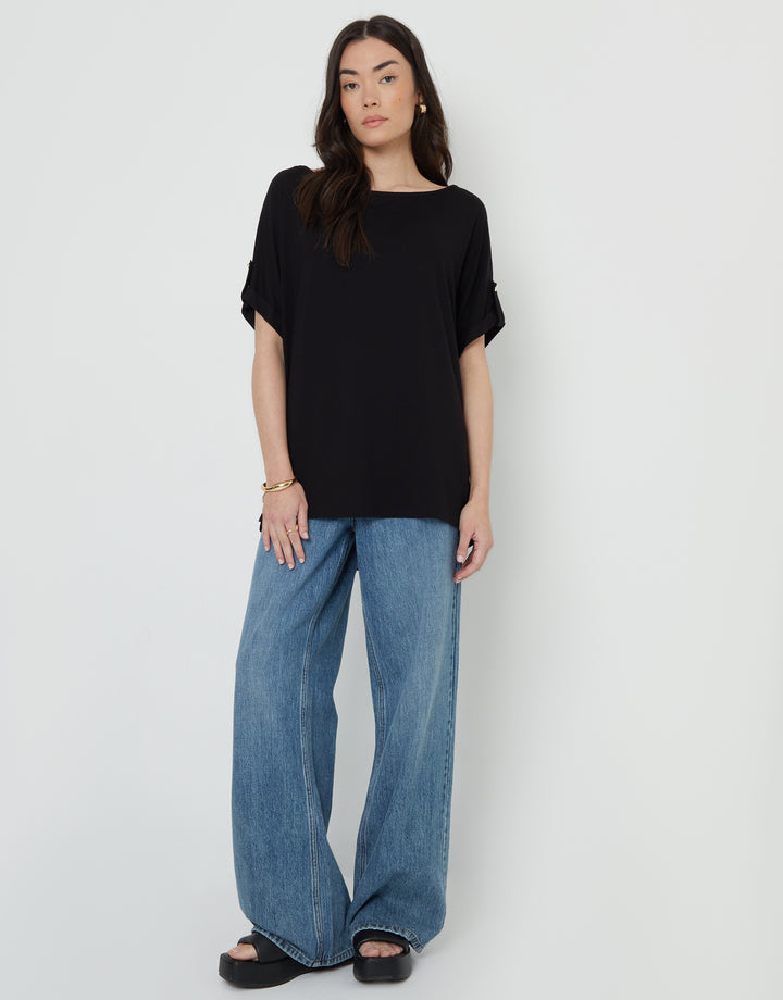 Batwing Sleeve Slash Neck Tunic in Black