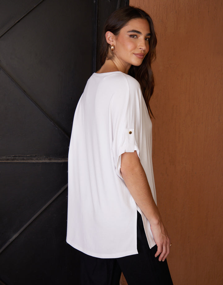White Batwing Sleeve V Neck Tunic