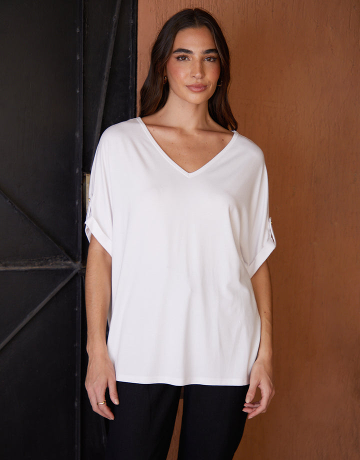 White Batwing Sleeve V Neck Tunic