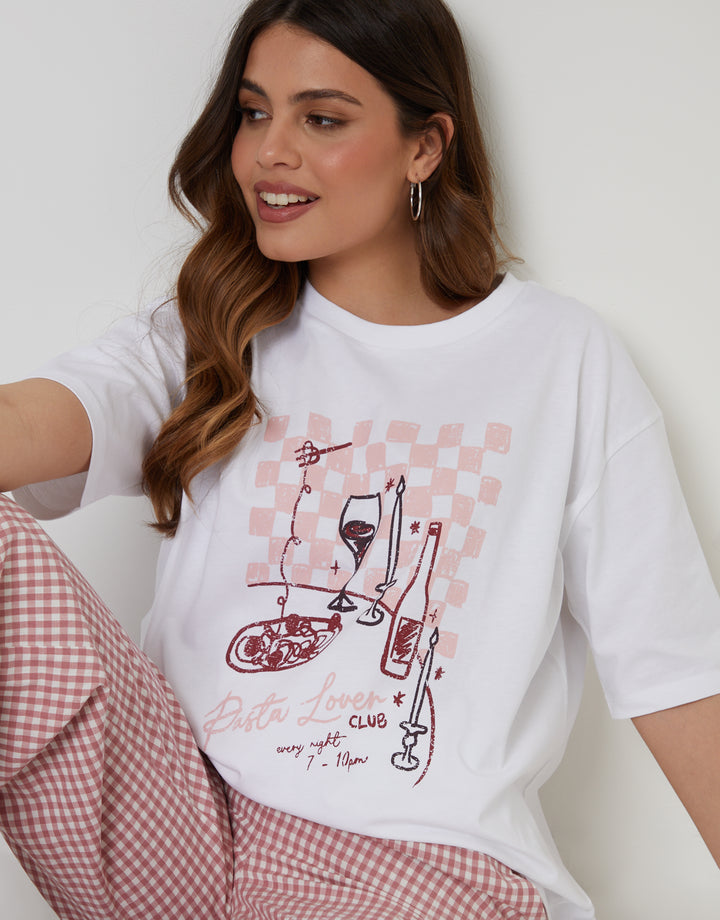 White 'Pasta Lover' Graphic Print Boyfriend Fit T-Shirt