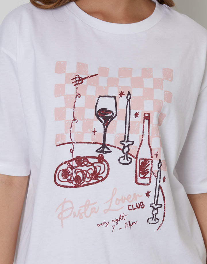 White 'Pasta Lover' Graphic Print Boyfriend Fit T-Shirt