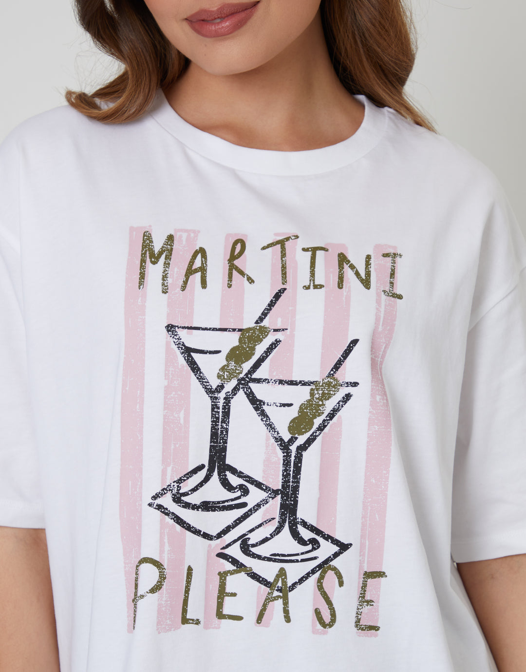 White 'Martini Please' Graphic Print Boyfriend Fit T-Shirt