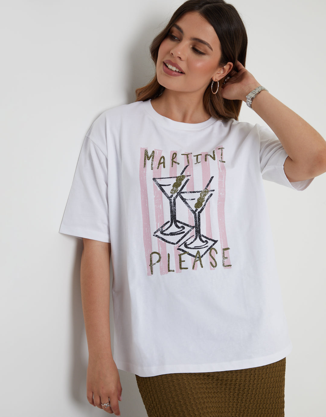 White 'Martini Please' Graphic Print Boyfriend Fit T-Shirt