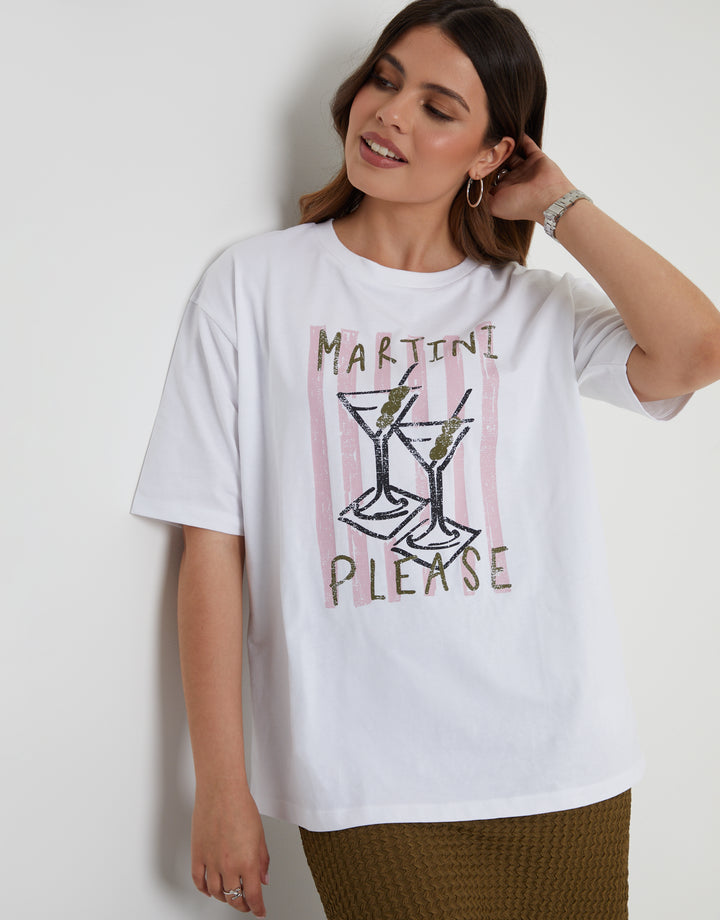 White 'Martini Please' Graphic Print Boyfriend Fit T-Shirt