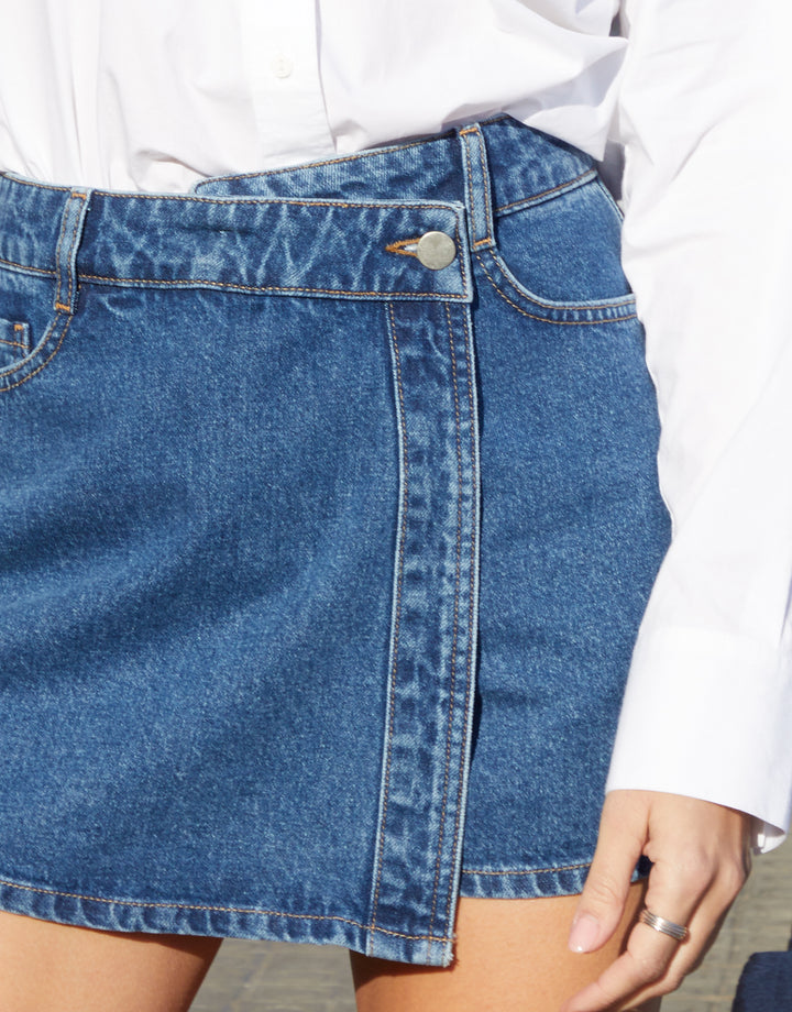 Mid Wash Wrap Detail Denim Skort