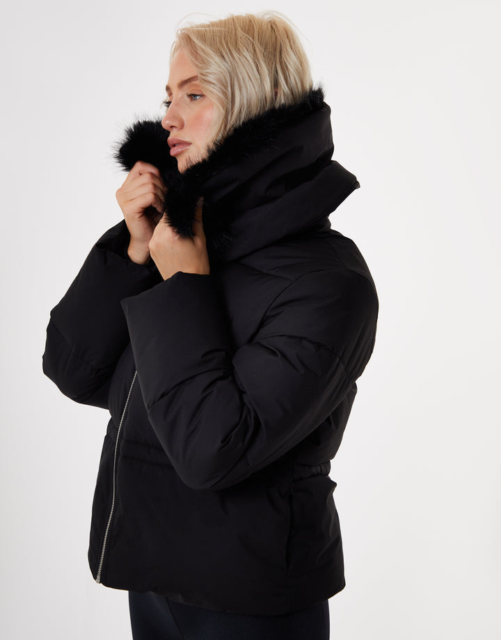 Black Faux Fur Collar Puffer Jacket