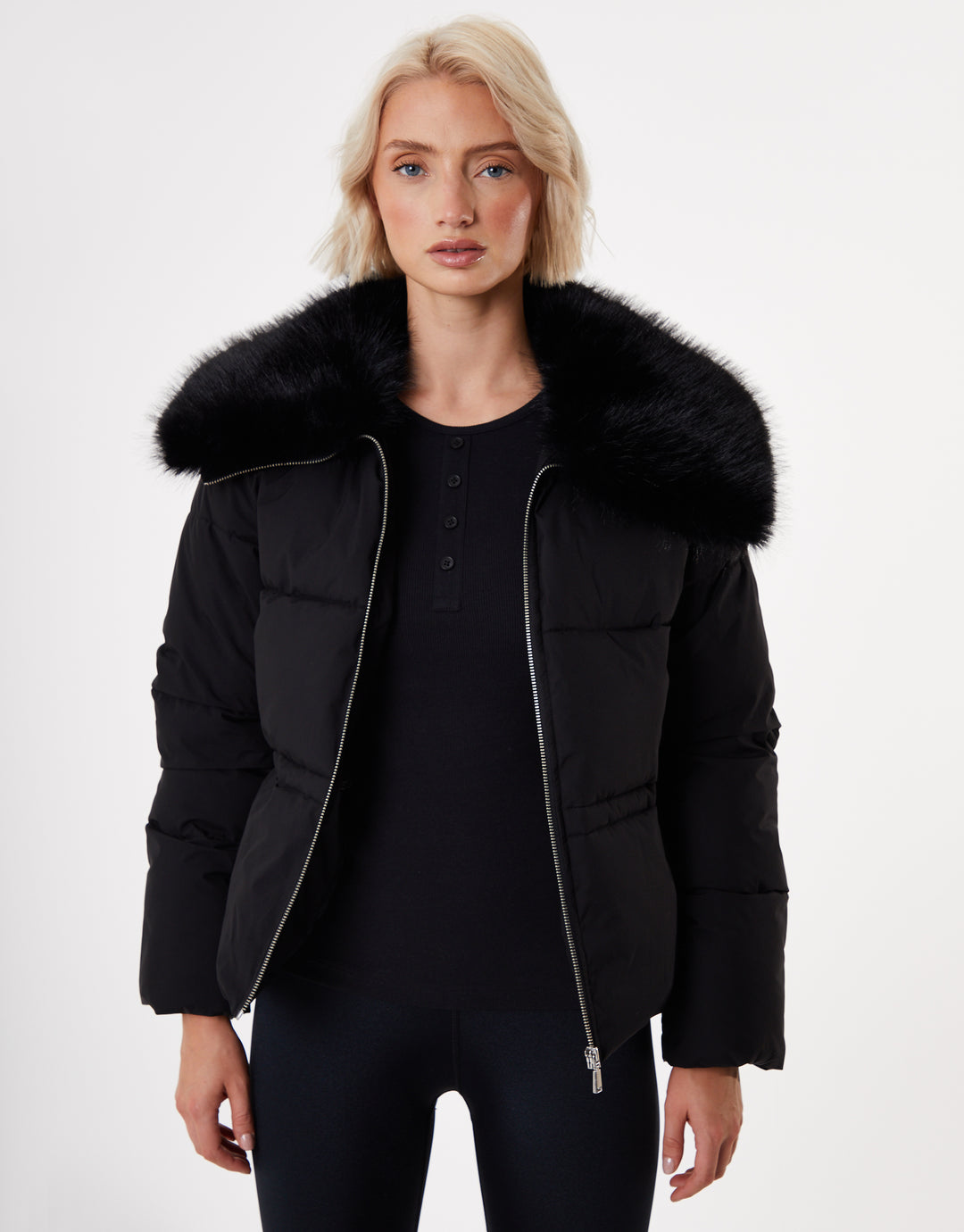 Black Faux Fur Collar Puffer Jacket