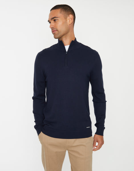 Men's Navy Blue Funnel Neck Quarter Zip Knitted Jumper – Threadbare