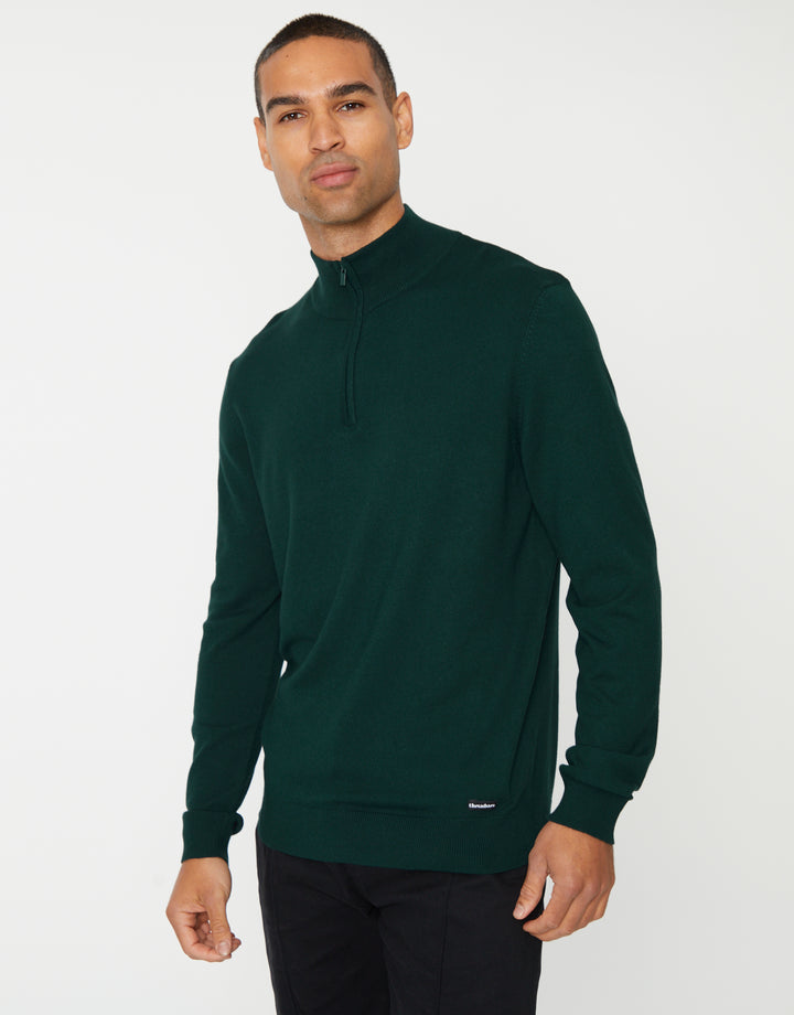 Green Funnel Neck Quarter Zip Knitted Jumper