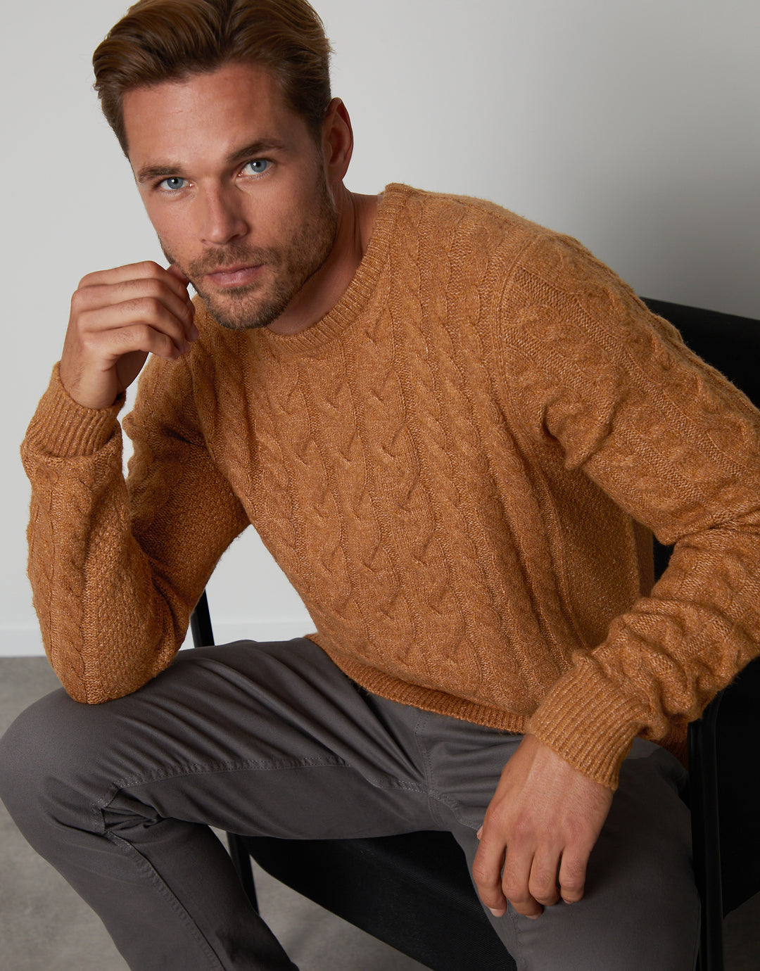 Camel Brown Cable Knit Detail Crew Neck Jumper