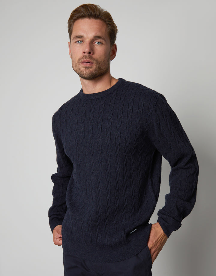 Navy Ribbed Cable Knit Crew Neck Jumper